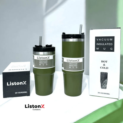 ListonX Thermos Tumble Bottle & Cup with Straw - Leak-proof, insulated, stainless steel, easy-grip.