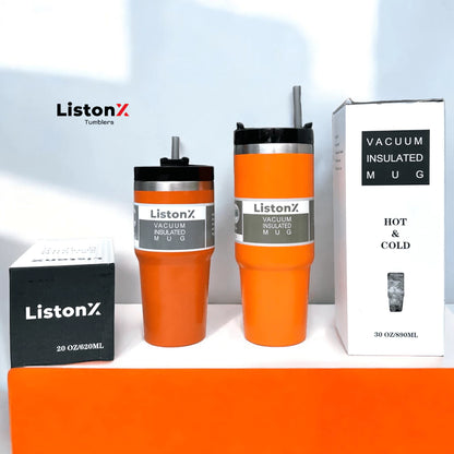 ListonX Thermos Tumble Bottle & Cup with Straw - Leak-proof, insulated, stainless steel, easy-grip.