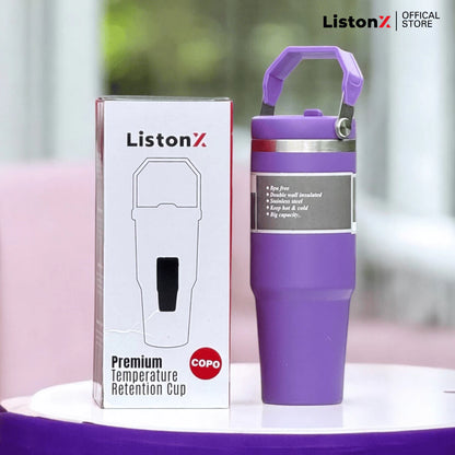 ListonX Stainless Steel Handheld Thermos - Double-wall, BPA-free, leak-proof, 890ml, FREE straw.